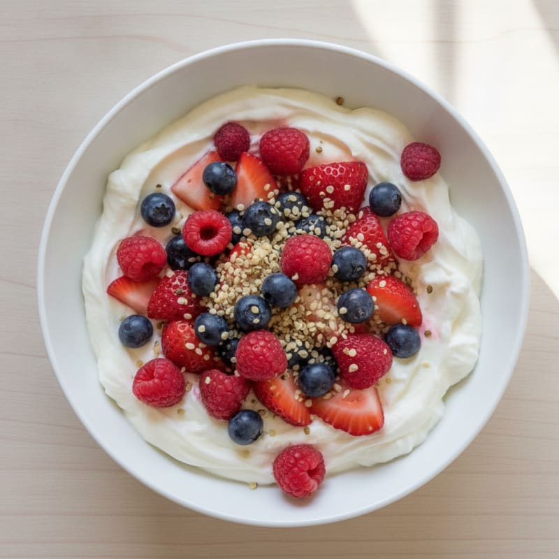Creamy Greek Yogurt Bowl with Mixed Berries and Vanilla Protein Powder