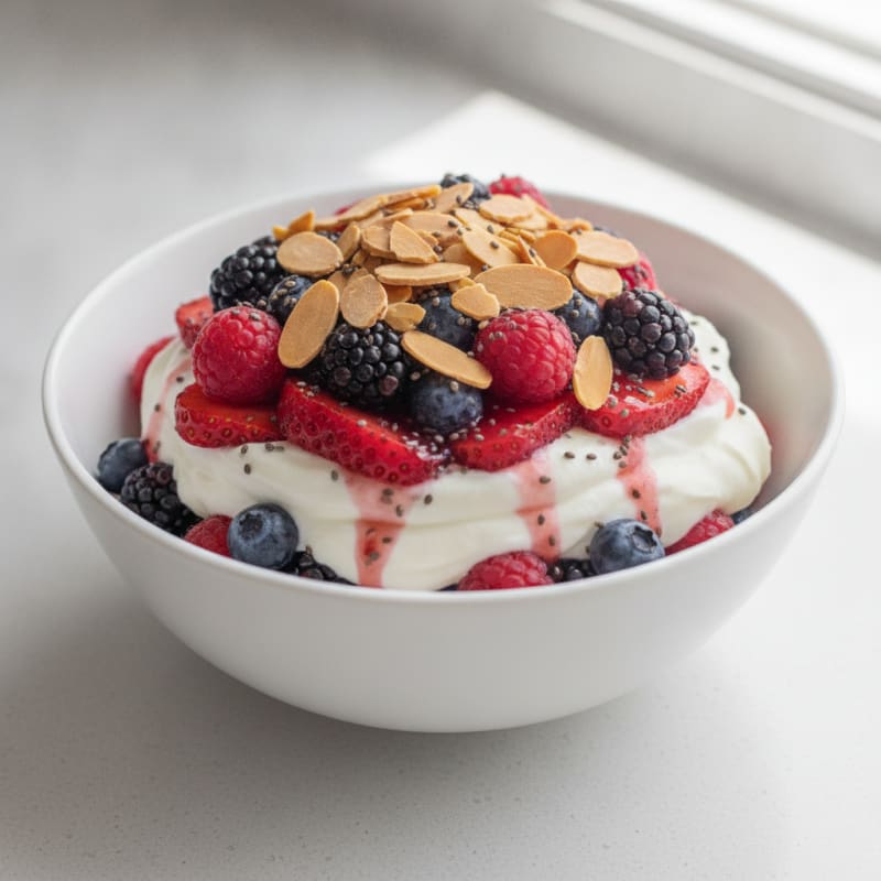Vanilla Greek Yogurt Protein Parfait with Almonds and Berries