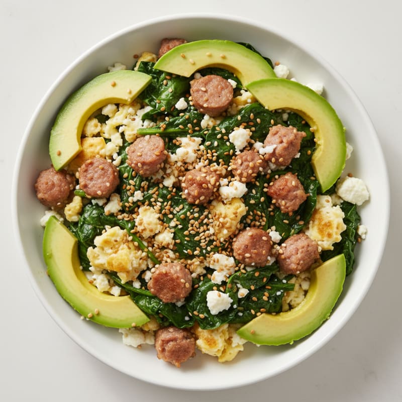 Egg White and Turkey Sausage Scramble with Sautéed Spinach and Feta