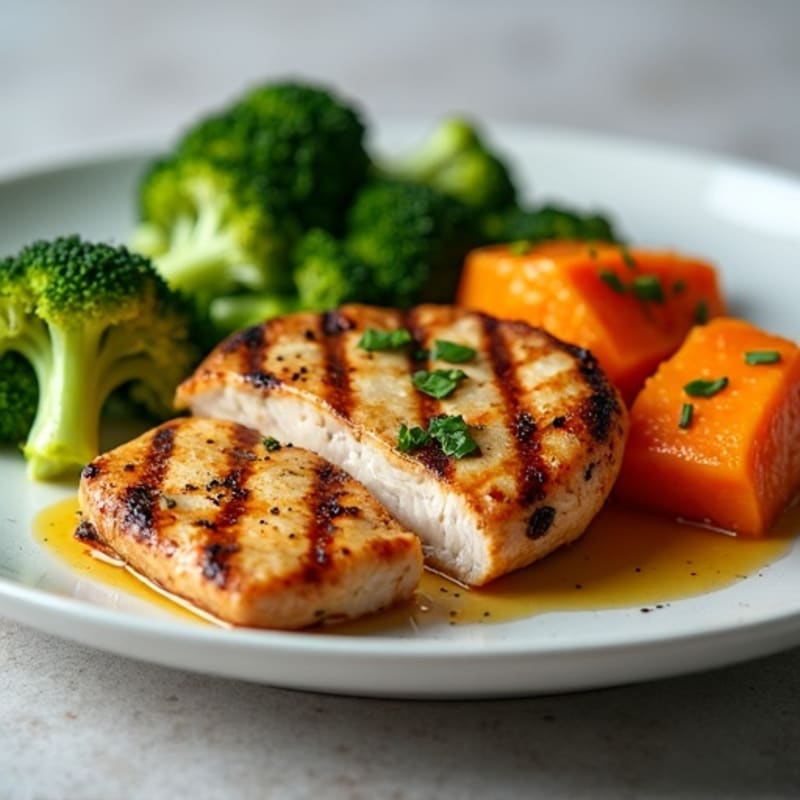 Grilled Chicken Breast with Roasted Sweet Potato and Steamed Broccoli