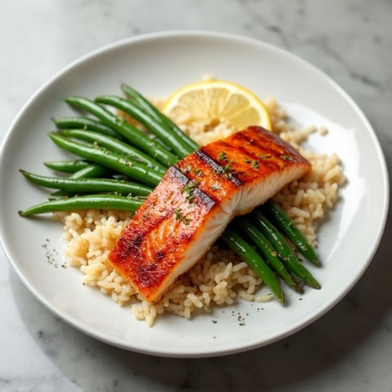Seared Salmon Filet with Garlic Green Beans and Steamed Brown Rice
