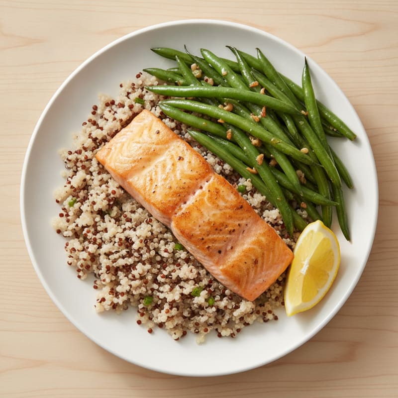 Seared Salmon Fillet with Garlic Green Beans and Quinoa