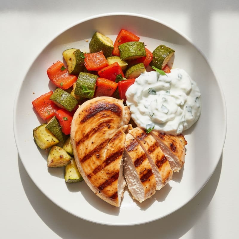 Grilled Chicken Breast with Roasted Vegetables and Coconut Yogurt Sauce
