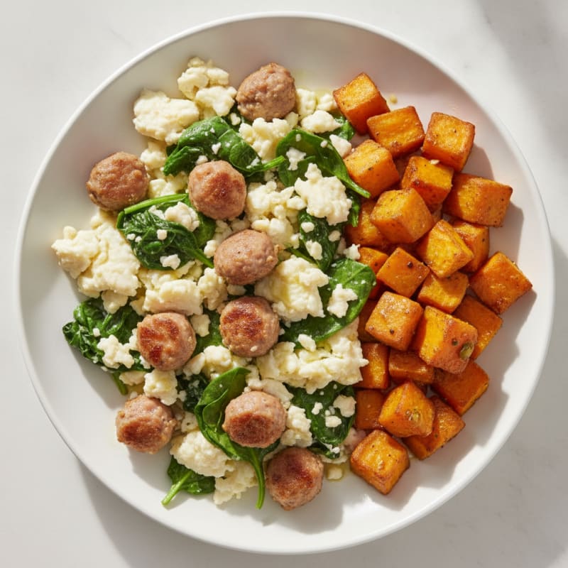 Egg White and Turkey Sausage Scramble with Spinach and Roasted Sweet Potato