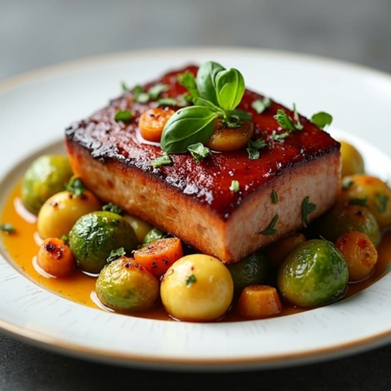 Tender Slow-Braised Pork Belly with Roasted Brussels Sprouts