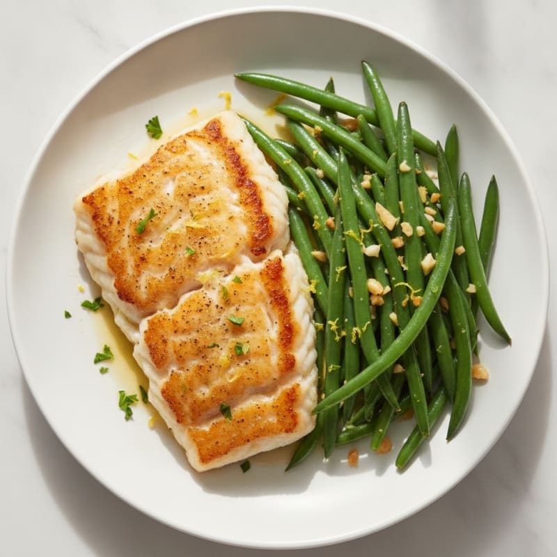 Seared Cod Filet with Garlic Green Beans