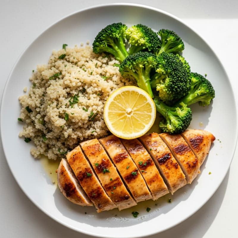 Grilled Chicken Breast with Steamed Broccoli and Quinoa
