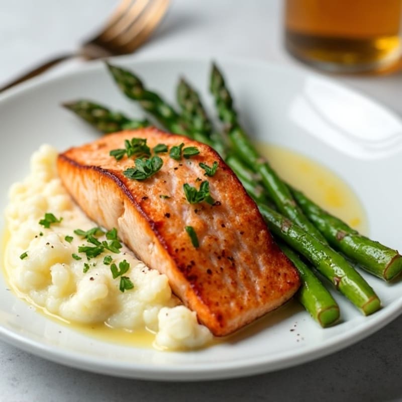 Seared Salmon with Steamed Asparagus and Garlic Cauliflower Mash