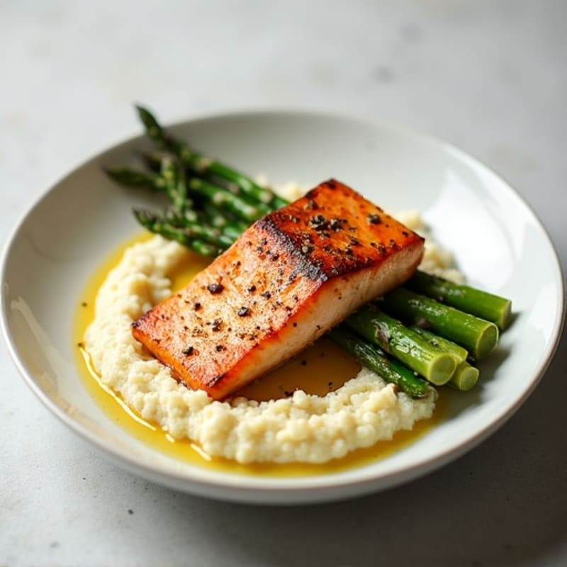 Seared Salmon with Roasted Asparagus and Cauliflower Mash