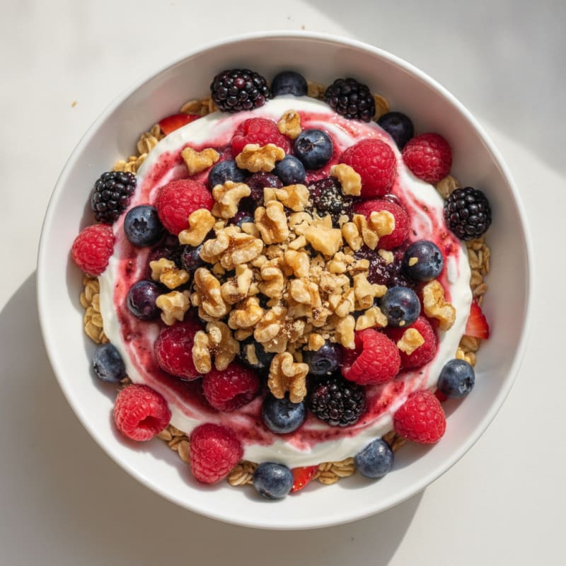 Protein Yoghurt Parfait with Mixed Berries and Chopped Walnuts