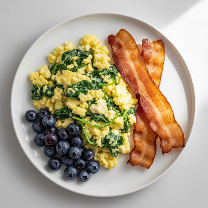 Cottage Cheese Egg Scramble with Spinach and Turkey Bacon