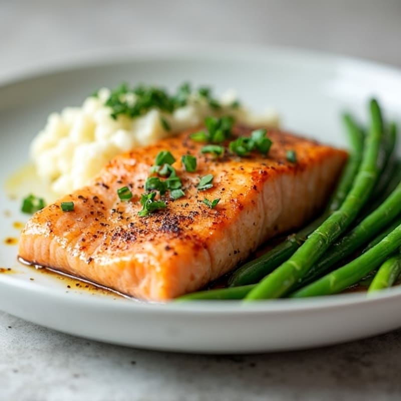 Seared Salmon with Garlic Green Beans and Cauliflower Mash