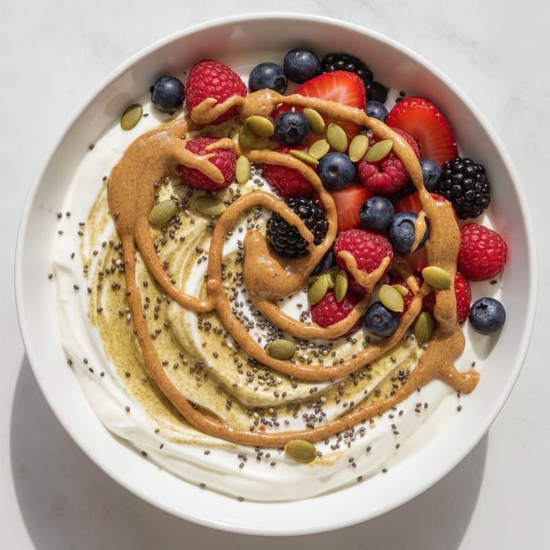 Silky Greek Yogurt Bowl with Chia Seeds, Mixed Berries and Pumpkin Seed Protein