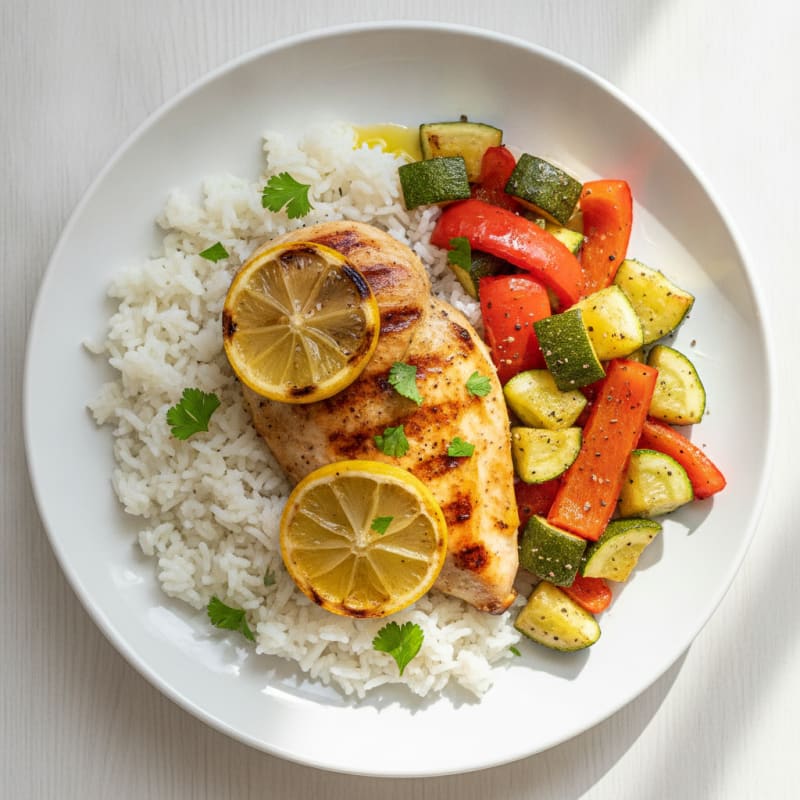 Grilled Chicken Breast with Roasted Vegetables and Steamed Rice