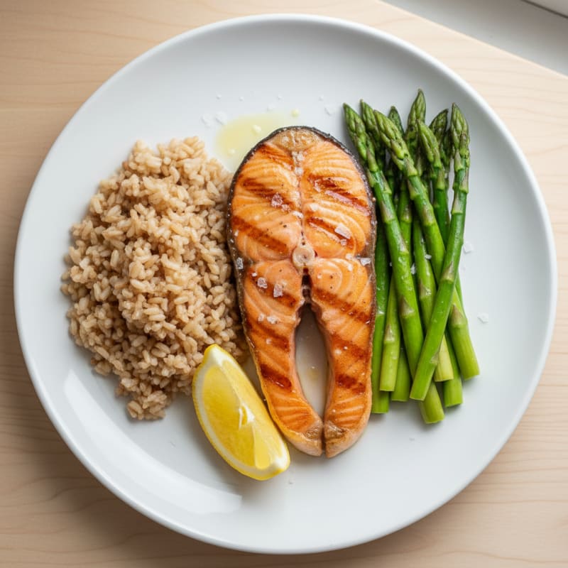 Seared Salmon Fillet with Steamed Asparagus and Brown Rice