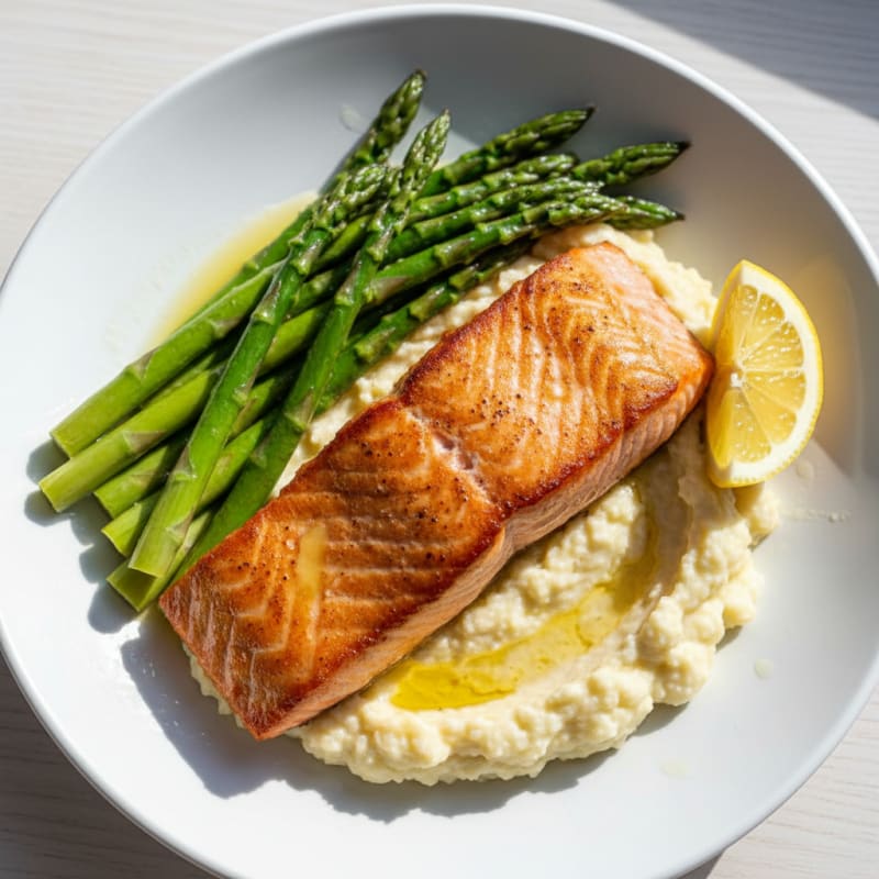 Seared Salmon with Steamed Asparagus and Cauliflower Mash
