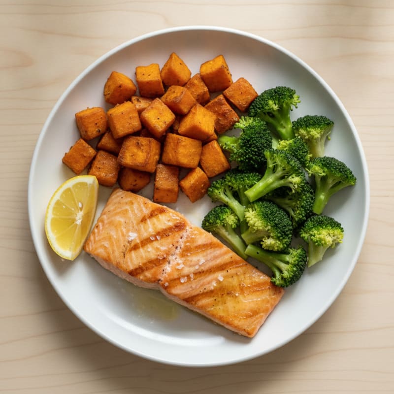 Seared Salmon with Roasted Sweet Potato and Steamed Broccoli