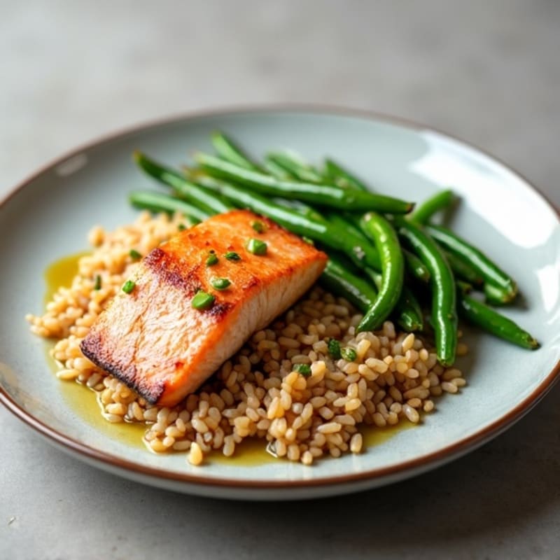 Seared Salmon with Garlic Green Beans and Brown Rice