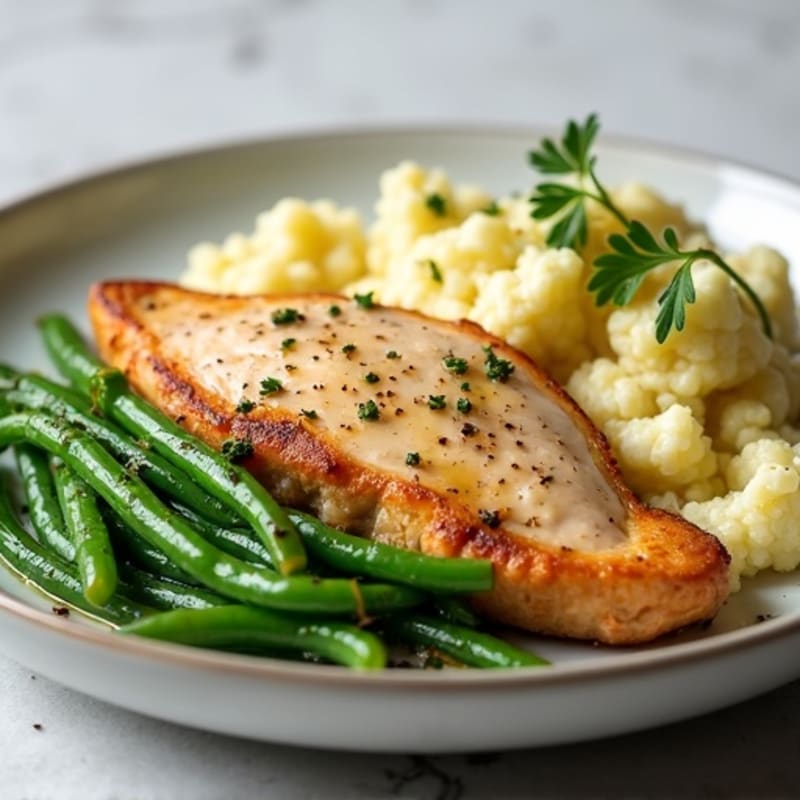 Seared Turkey Breast with Garlic Green Beans and Mashed Cauliflower
