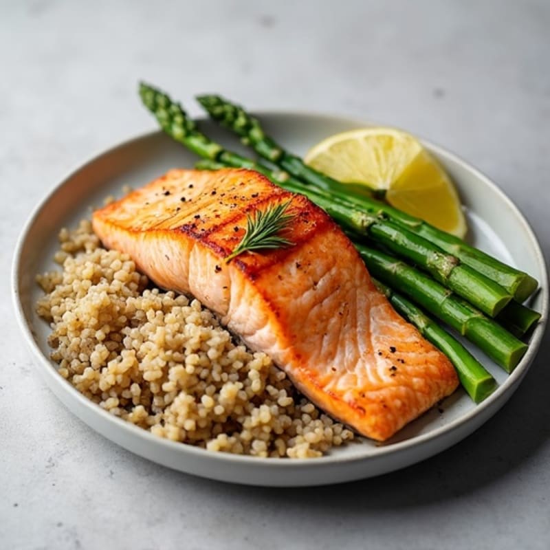 Seared Salmon Fillet with Steamed Asparagus and Brown Rice
