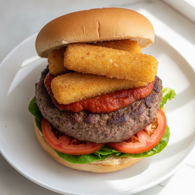 Mozzarella Stick Beef Burger with Marinara