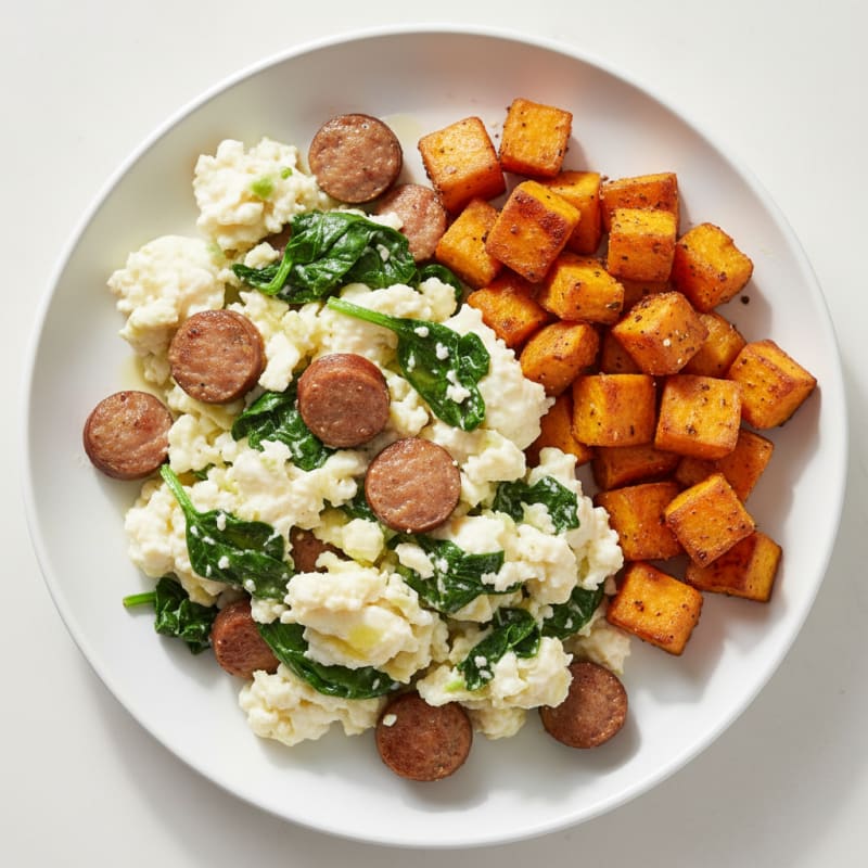 Egg White and Turkey Sausage Scramble with Spinach and Roasted Sweet Potato
