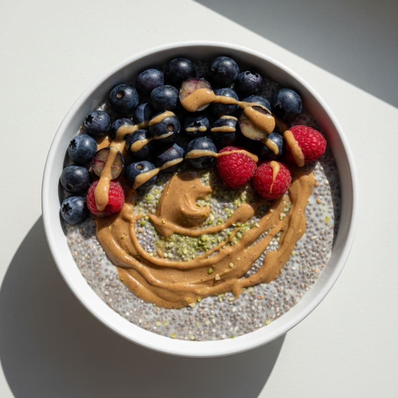 Creamy Almond Butter Chia Pudding with Hemp Protein and Berries