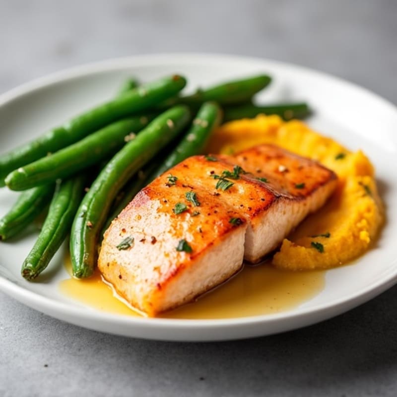 Seared Salmon with Steamed Green Beans and Mashed Sweet Potato