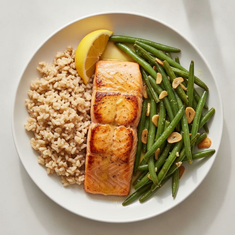 Seared Salmon Fillet with Garlic Green Beans and Brown Rice