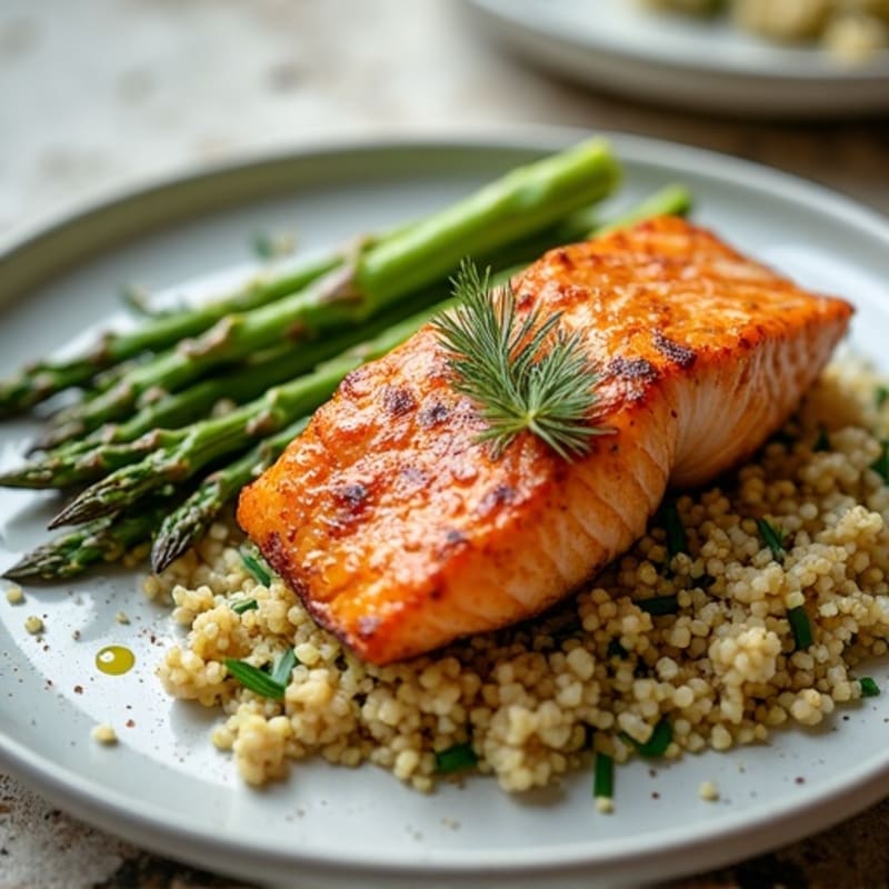 Flaky Garlic Dill Pan-Seared Salmon with Roasted Asparagus and Quinoa