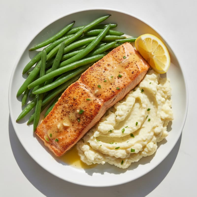 Seared Salmon with Steamed Green Beans and Garlic Mashed Cauliflower