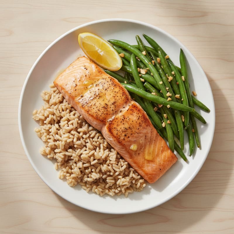 Seared Salmon Fillet with Garlic Green Beans and Brown Rice
