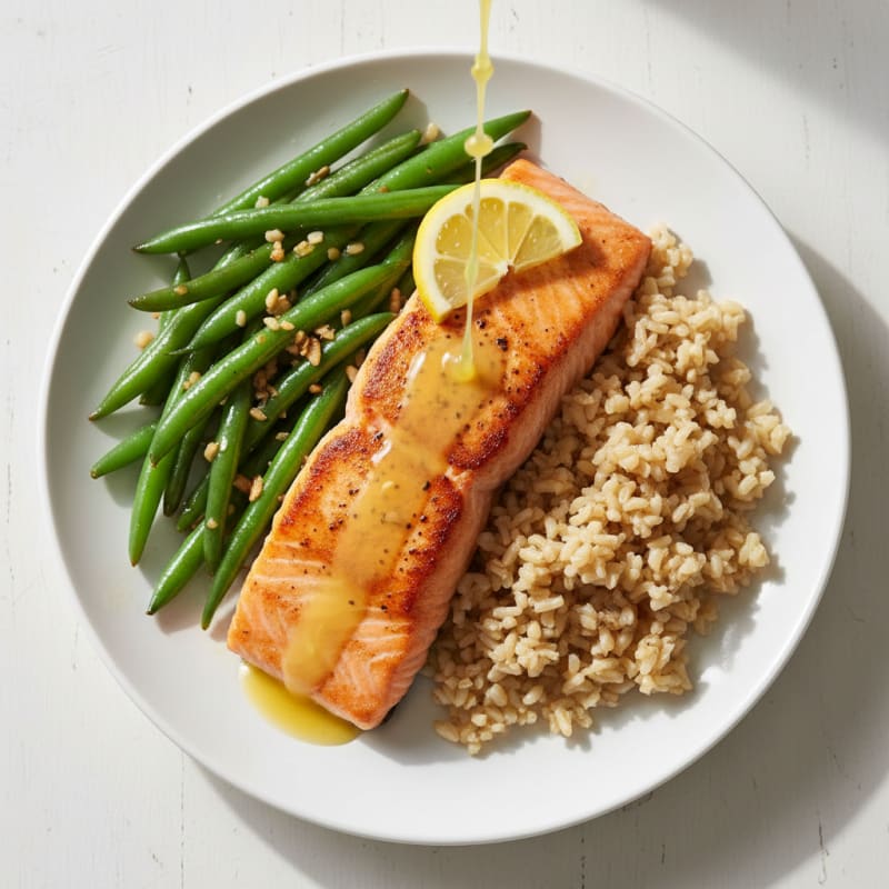 Seared Salmon with Garlic Green Beans and Brown Rice