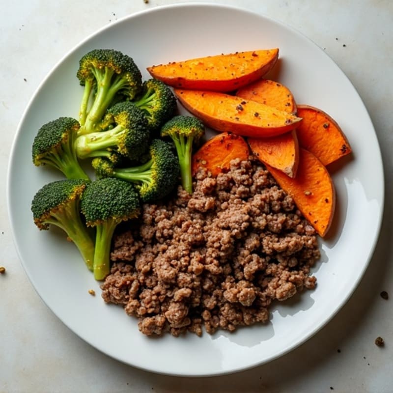 Sheet Pan Ground Beef with Roasted Sweet Potatoes and Crispy Broccoli