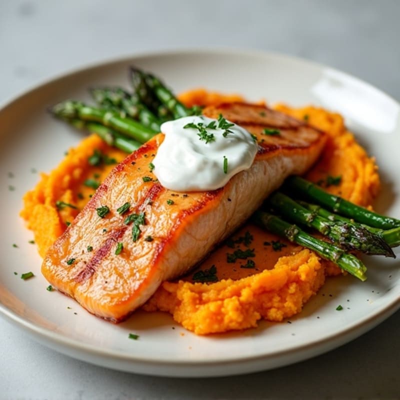 Seared Salmon with Roasted Asparagus and Sweet Potato Mash