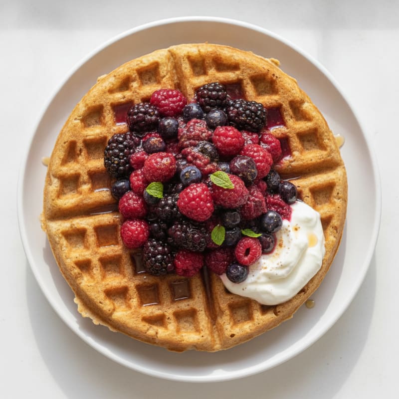 Fluffy Protein Waffles with Berry Compote