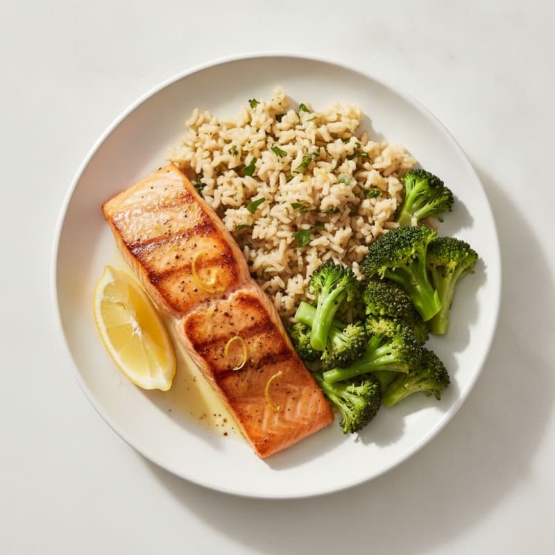 Seared Salmon with Steamed Broccoli and Lemon Herb Rice