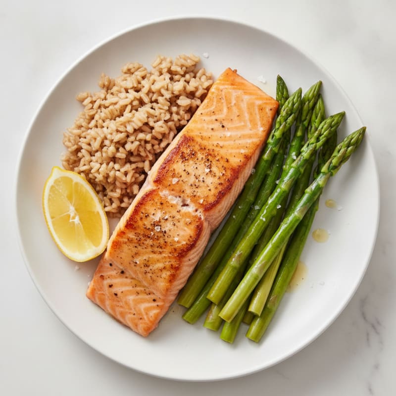 Seared Salmon with Steamed Asparagus and Brown Rice