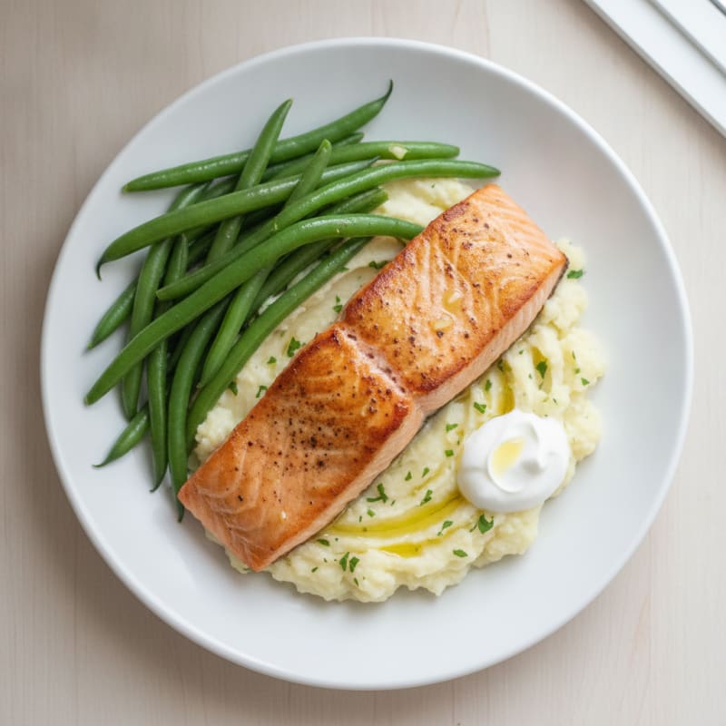 Seared Salmon with Steamed Green Beans and Garlic Mashed Cauliflower