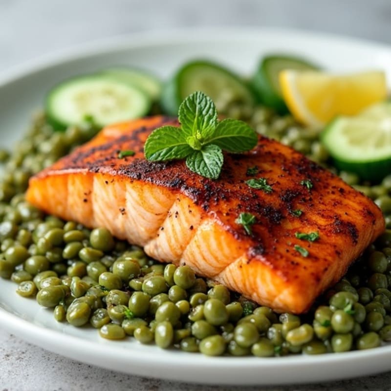 Spiced Grilled Salmon with Herb-Cucumber Lentil Pilaf