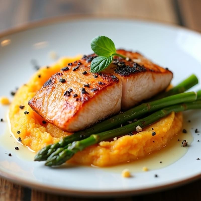 Seared Salmon Fillet with Steamed Asparagus and Sweet Potato Mash