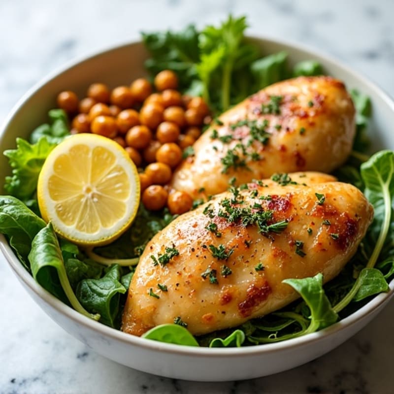 Lemon-Herb Roasted Chicken and Crispy Chickpea Salad Bowl