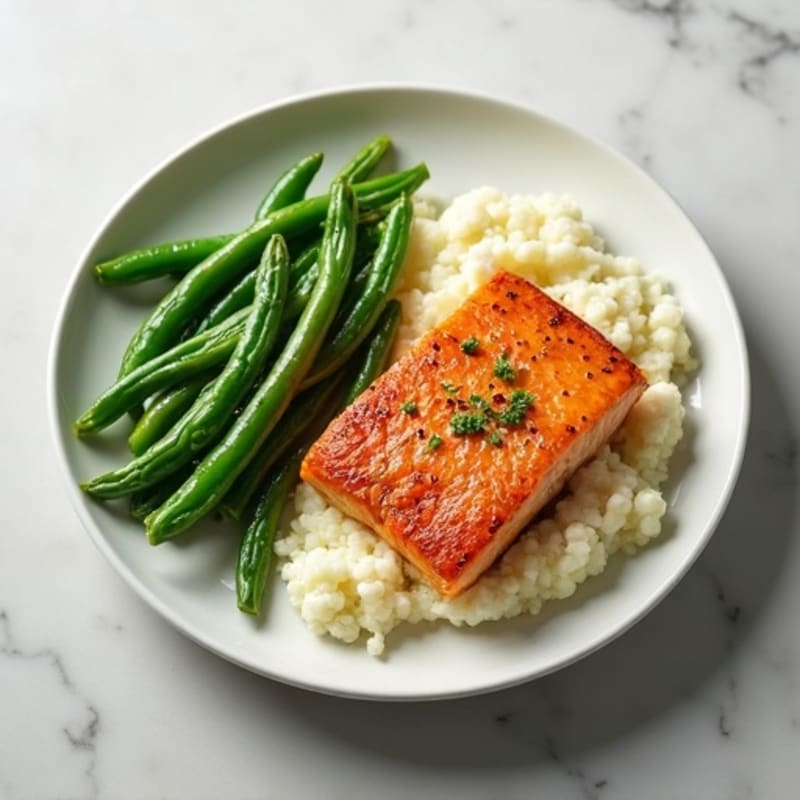 Seared Salmon with Garlic Green Beans and Cauliflower Mash