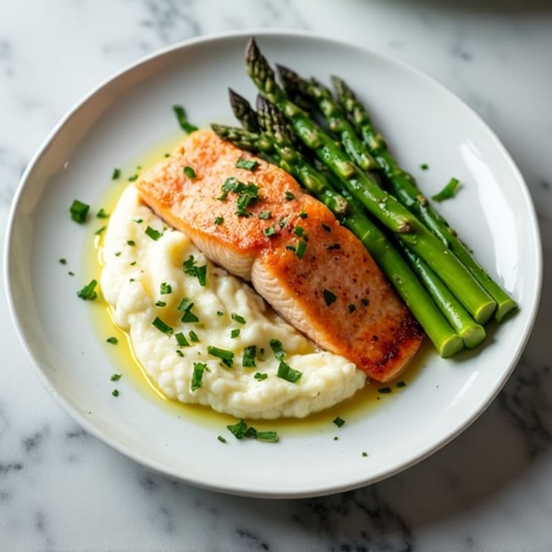 Seared Salmon with Steamed Asparagus and Cauliflower Mash