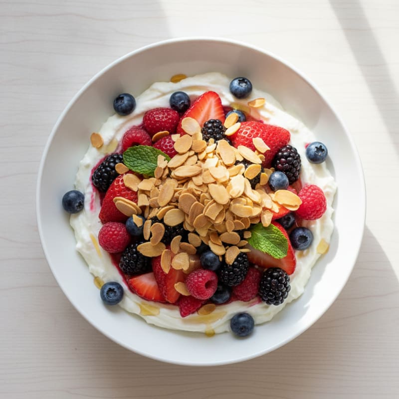 Greek Yogurt Protein Parfait with Mixed Berries and Almonds