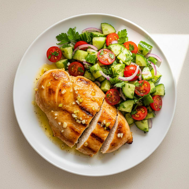 Grilled Lemon-Garlic Chicken Breast with Cucumber-Tomato Salad