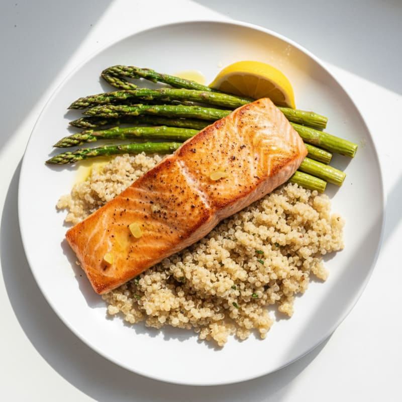 Seared Salmon Filet with Roasted Asparagus and Quinoa