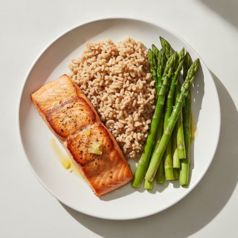 Seared Salmon with Steamed Asparagus and Brown Rice