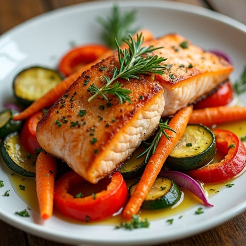 Crispy Sheet Pan Herb-Roasted Salmon with Rainbow Vegetables