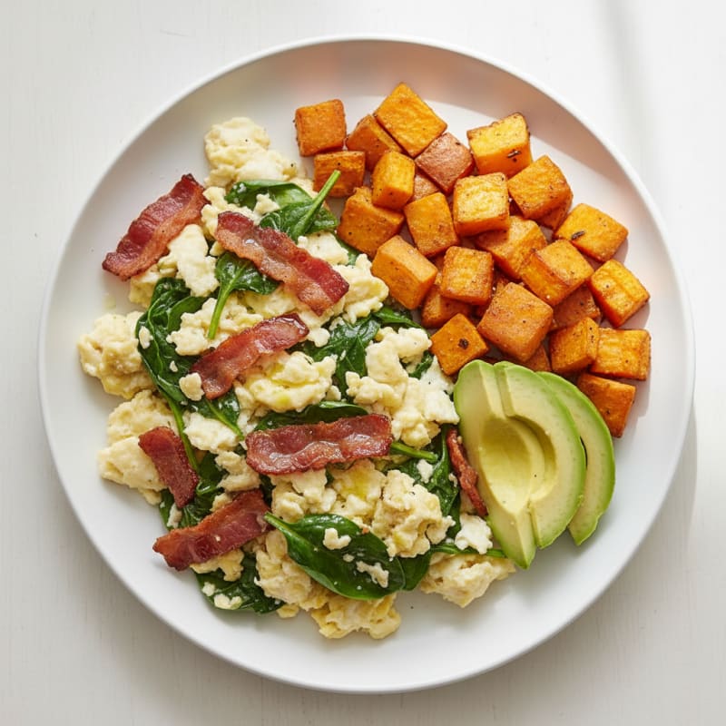 Crispy Turkey Bacon Egg White Scramble with Roasted Sweet Potato